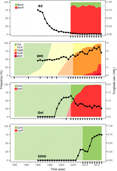Evolution of resistance to different fungicide families
